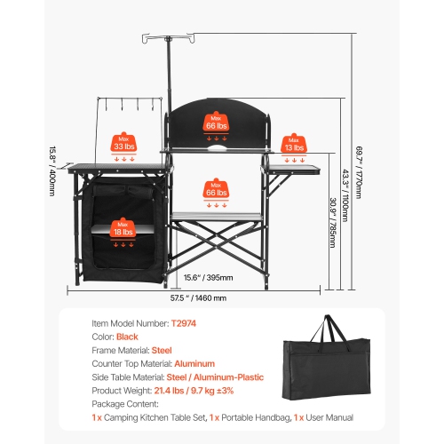 VEVOR Camping Kitchen Table, Outdoor Camp Cooking Table, Aluminum Portable Cook Station with Storage Cupboard, Carrying Bag, Detachable