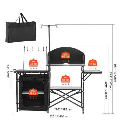 VEVOR Camping Kitchen Table, Outdoor Camp Cooking Table, Aluminum Portable Cook Station with Storage Cupboard, Carrying Bag, Detachable
