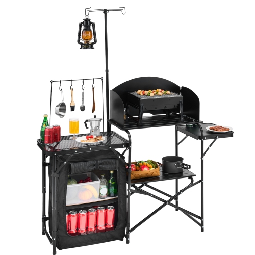 VEVOR Camping Kitchen Table, Outdoor Camp Cooking Table, Aluminum Portable Cook Station with Storage Cupboard, Carrying Bag, Detachable