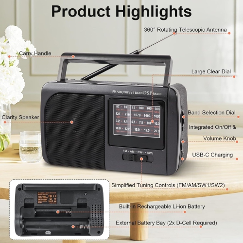 Radio AM/FM/SW1/SW2 portative à ondes courtes, radio rétro à transistor avec haut-parleur, radio à piles pour usage domestique, extérieur et urgence