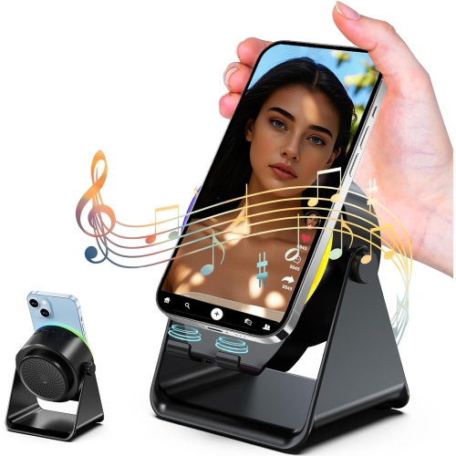Wireless Induction Speaker,Cell Phone Stand with Bluetooth Speaker,Stereo Sound,RGB Ambient Light,Phone Holder Compatible with iPhone iPad Android