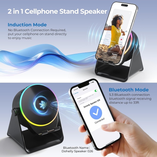 Wireless Induction Speaker,Cell Phone Stand with Bluetooth Speaker,Stereo Sound,RGB Ambient Light,Phone Holder Compatible with iPhone iPad Android