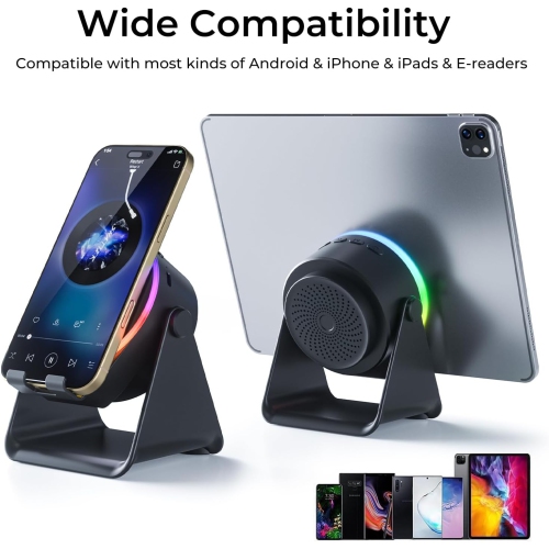 Wireless Induction Speaker,Cell Phone Stand with Bluetooth Speaker,Stereo Sound,RGB Ambient Light,Phone Holder Compatible with iPhone iPad Android