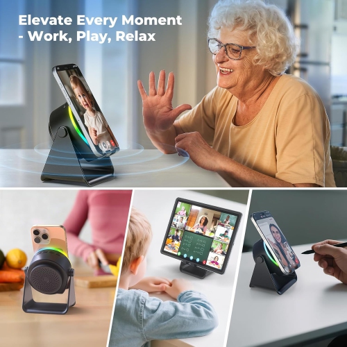 Wireless Induction Speaker,Cell Phone Stand with Bluetooth Speaker,Stereo Sound,RGB Ambient Light,Phone Holder Compatible with iPhone iPad Android