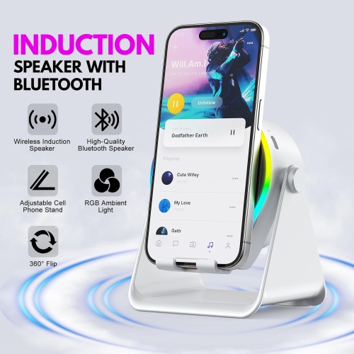 Wireless Induction Speaker,4 in 1 Bluetooth Speaker Phone Stand with RGB Light,360° Rotation Phone Holder Compatible with iPhone Android