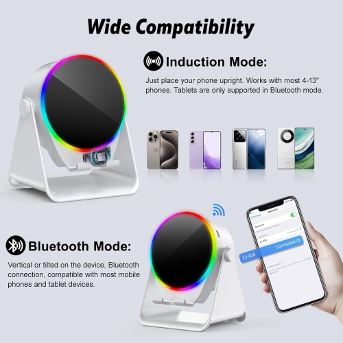 Wireless Induction Speaker,4 in 1 Bluetooth Speaker Phone Stand with RGB Light,360° Rotation Phone Holder Compatible with iPhone Android