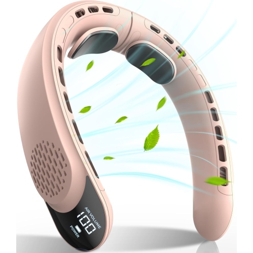 Portable neck-mounted fan, 4 turbine neck-mounted fans, 4000 mAh battery powered, USB rechargeable personal fan, 3 wind speeds, LED display, wearable
