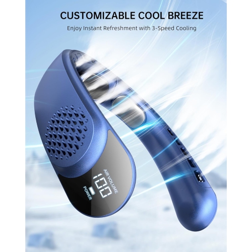Portable neck-mounted fan, 4 turbine neck-mounted fans, 4000 mAh battery powered, USB rechargeable personal fan, 3 wind speeds, LED display, wearable