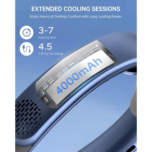 Portable neck-mounted fan, 4 turbine neck-mounted fans, 4000 mAh battery powered, USB rechargeable personal fan, 3 wind speeds, LED display, wearable