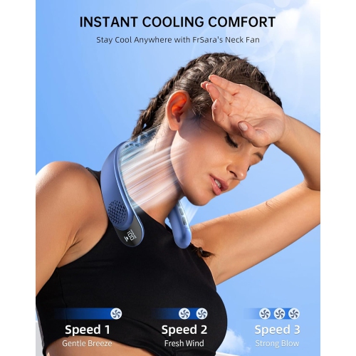 Portable neck-mounted fan, 4 turbine neck-mounted fans, 4000 mAh battery powered, USB rechargeable personal fan, 3 wind speeds, LED display, wearable