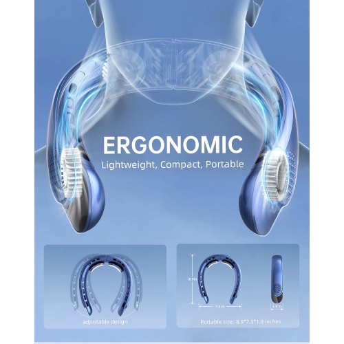 Portable neck-mounted fan, 4 turbine neck-mounted fans, 4000 mAh battery powered, USB rechargeable personal fan, 3 wind speeds, LED display, wearable