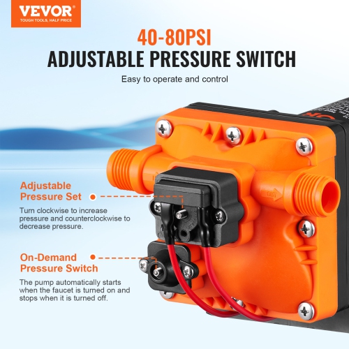 VEVOR 3.5 GPM, DC 12V, Diaphragm Water Pump,Pressure Rated at 55 PSI, 1/2" MNPT, Self-Priming Sprayer Pump with Pressure Switch, Suitable for RV,