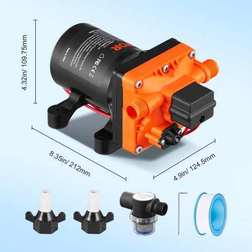 VEVOR 3.5 GPM, DC 12V, Diaphragm Water Pump,Pressure Rated at 55 PSI, 1/2" MNPT, Self-Priming Sprayer Pump with Pressure Switch, Suitable for RV,