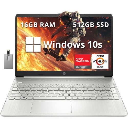 Refurbished Excellent - HP 15.6 FHD Laptop Computer, AMD Athlon Silver 3050U, AMD Radeon Graphics, 512GB SSD, 16GB DDR4 RAM, HD Webcam, Windows 10 S,