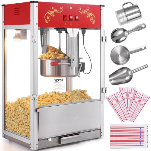 VEVOR 1615W Popcorn Maker, 16 Oz Kettle Large Capacity Countertop Popcorn Maker with Tempered Glass, Includes 3 Stainless Steel Scoops, Movie Theater