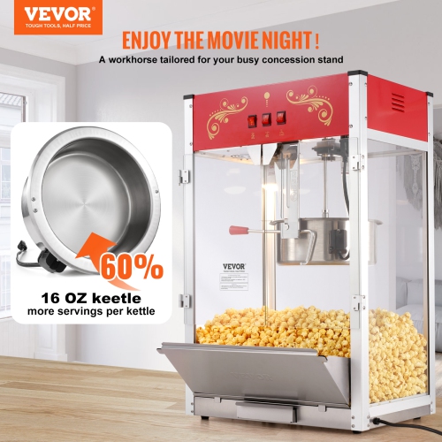 VEVOR 1615W Popcorn Maker, 16 Oz Kettle Large Capacity Countertop Popcorn Maker with Tempered Glass, Includes 3 Stainless Steel Scoops, Movie Theater