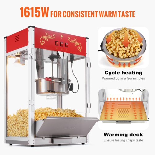 VEVOR 1615W Popcorn Maker, 16 Oz Kettle Large Capacity Countertop Popcorn Maker with Tempered Glass, Includes 3 Stainless Steel Scoops, Movie Theater