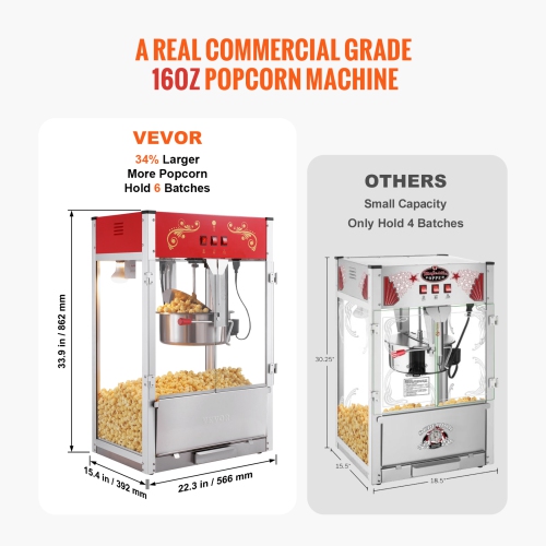VEVOR 1615W Popcorn Maker, 16 Oz Kettle Large Capacity Countertop Popcorn Maker with Tempered Glass, Includes 3 Stainless Steel Scoops, Movie Theater