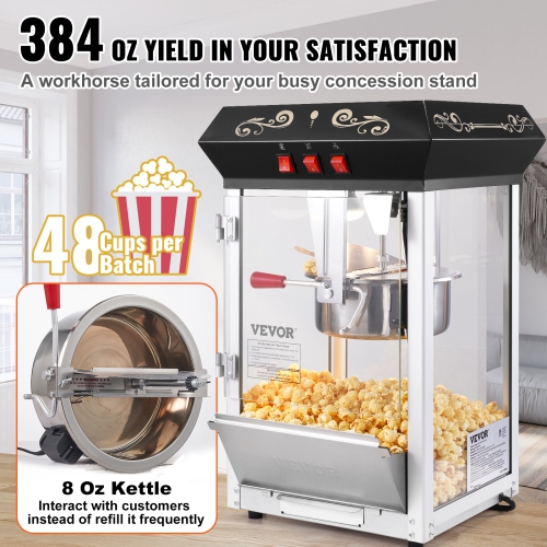 VEVOR 850W Popcorn Maker, Popcorn Popper Machine, 8 Oz Kettle Makes 48 Cups per Batch, Countertop Popcorn Maker with Tempered Glass, Includes 4
