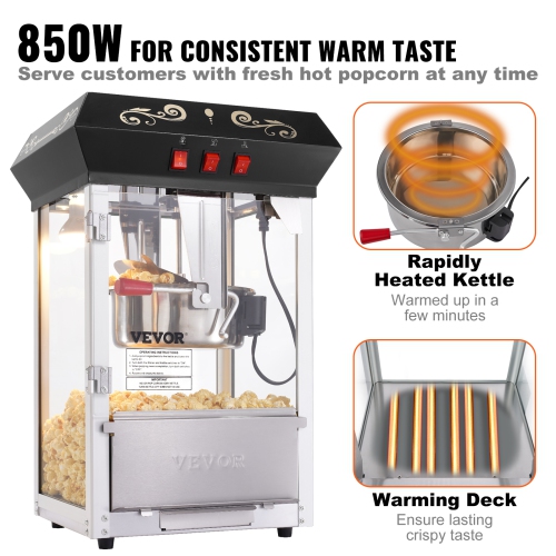 VEVOR 850W Popcorn Maker, Popcorn Popper Machine, 8 Oz Kettle Makes 48 Cups per Batch, Countertop Popcorn Maker with Tempered Glass, Includes 4