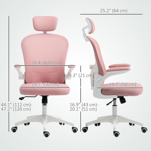 Kepooman Mesh Computer Desk Chair with Adjustable Headrest, 4D Lumbar Support, Flip-up Arm - Pink