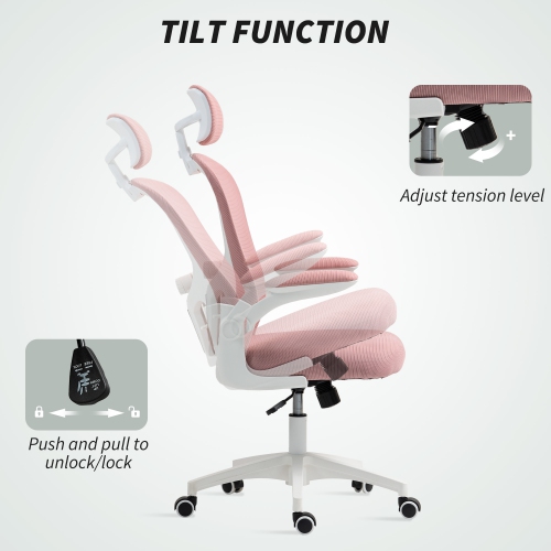 Kepooman Mesh Computer Desk Chair with Adjustable Headrest, 4D Lumbar Support, Flip-up Arm - Pink