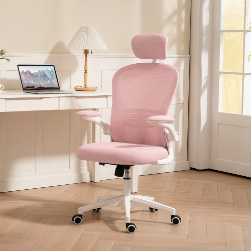 Kepooman Mesh Computer Desk Chair with Adjustable Headrest, 4D Lumbar Support, Flip-up Arm - Pink