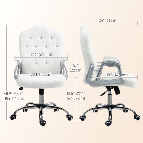 Kepooman Teddy Fleece Computer Chair, Button Tufted Desk Chair with Swivel Wheels - White