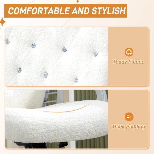 Kepooman Teddy Fleece Computer Chair, Button Tufted Desk Chair with Swivel Wheels - White