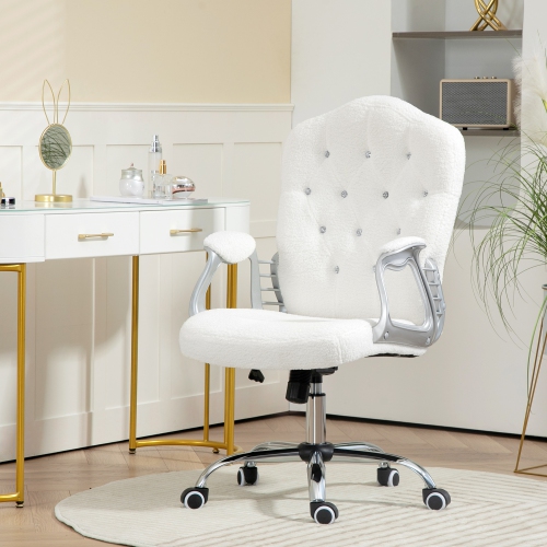 Kepooman Teddy Fleece Computer Chair, Button Tufted Desk Chair with Swivel Wheels - White