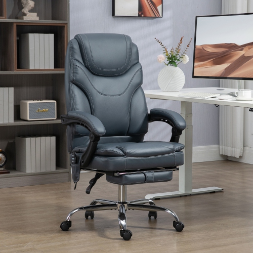 Kepooman 6-Point Vibration Massage Office Chair, PU Leather Heated Reclining Computer Chair with Footrest, Gray