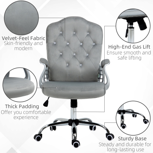 Kepooman Velvet Fleece Computer Chair, Button Tufted Desk Chair with Swivel Wheels - Gray