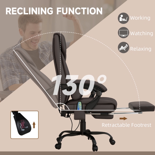 Kepooman 6-Point Vibration Massage Chair, Height Adjustable Reclining Computer Chair with Retractable Footrest, Brown