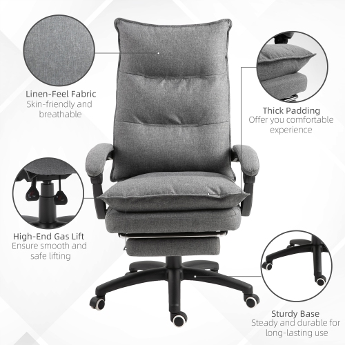 Kepooman Office Chair 360° Swivel Adjustable Height Linen Style Fabric Recliner with Retractable Footrest and Double Padding, Grey
