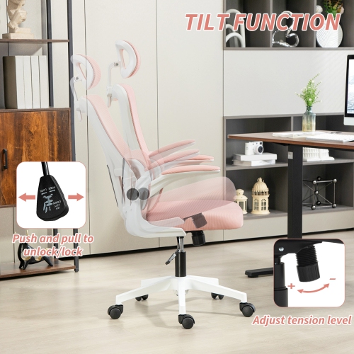 Kepooman High Back Office Chair, Mesh Computer Desk Chair with Rotatable Headrest - Pink