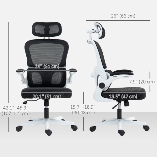 Kepooman Mesh Office Chair, Ergonomic Desk Chair with Flip-up Armrest, Rotatable Headrest, Adjustable Lumbar Support, Black