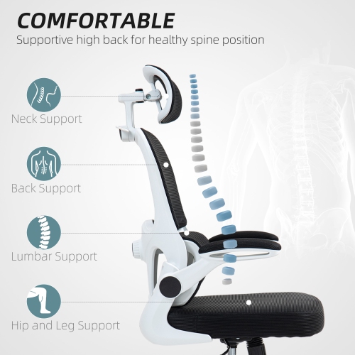 Kepooman Mesh Office Chair, Ergonomic Desk Chair with Flip-up Armrest, Rotatable Headrest, Adjustable Lumbar Support, Black