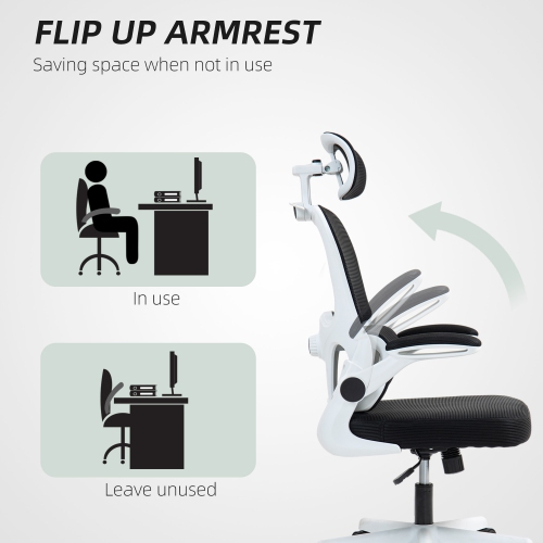 Kepooman Mesh Office Chair, Ergonomic Desk Chair with Flip-up Armrest, Rotatable Headrest, Adjustable Lumbar Support, Black