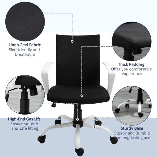 Kepooman Linen Mid Back Office Chair With Tilt Function, Swivel Computer Chair - Black