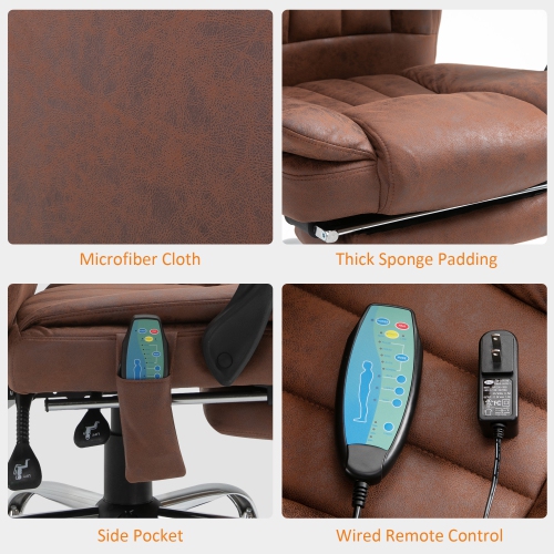Kepooman Office Chair 6-point Vibration Massage Chair Micro Fiber Recliner with Retractable Footrest - Brown