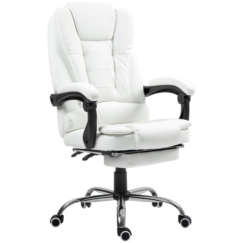 Kepooman High Back Office Chair PU Leather Executive Office Chair with Retractable Footrest Padded Armrest - White