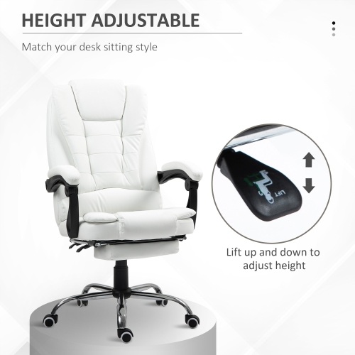 Kepooman High Back Office Chair PU Leather Executive Office Chair with Retractable Footrest Padded Armrest - White