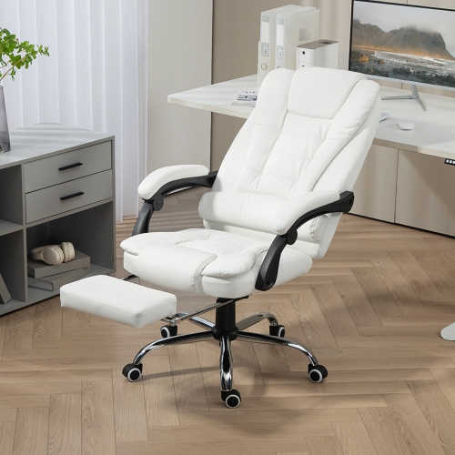 Kepooman High Back Office Chair PU Leather Executive Office Chair with Retractable Footrest Padded Armrest - White