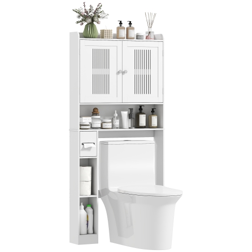 HOMCOM Over the Toilet Storage Cabinet, Modern Above Toilet Bathroom Organizer with Adjustable Shelf, Toilet Paper Holder, Freestanding Space Saver