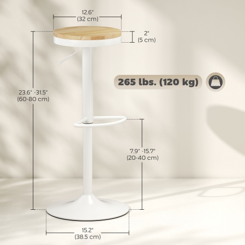 HOMCOM Wooden Bar Stools Set of 2, Adjustable Swivel Barstools with Rubber Wood Seat, Modern Bar Chairs for Kitchen Counter, Breakfast Island,