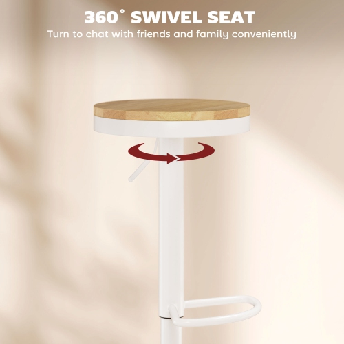 HOMCOM Wooden Bar Stools Set of 2, Adjustable Swivel Barstools with Rubber Wood Seat, Modern Bar Chairs for Kitchen Counter, Breakfast Island,