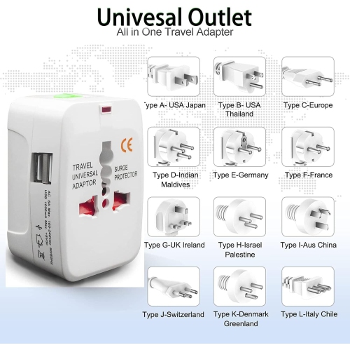 Universal Travel Adapter with 2 USB Ports – All-in-One AC Power Plug Charger for 150+ Countries – EU/UK/US/AU Compatible – 110V-220V Worldwide Wall