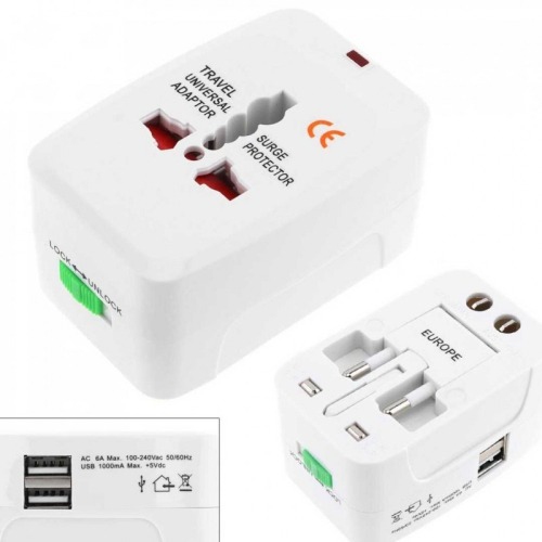 Universal Travel Adapter with 2 USB Ports – All-in-One AC Power Plug Charger for 150+ Countries – EU/UK/US/AU Compatible – 110V-220V Worldwide Wall