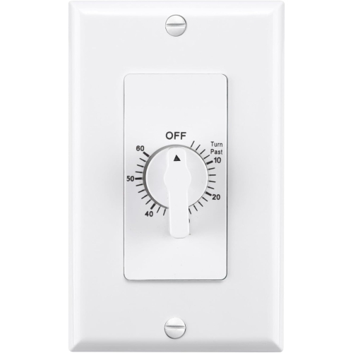 BN-LINK Heavy Duty 60-Minute in-Wall Spring Loaded Countdown Timer, Mechanical Switch, Bathroom Fan, Lights Timer, 2 Free Plate, White and Silver