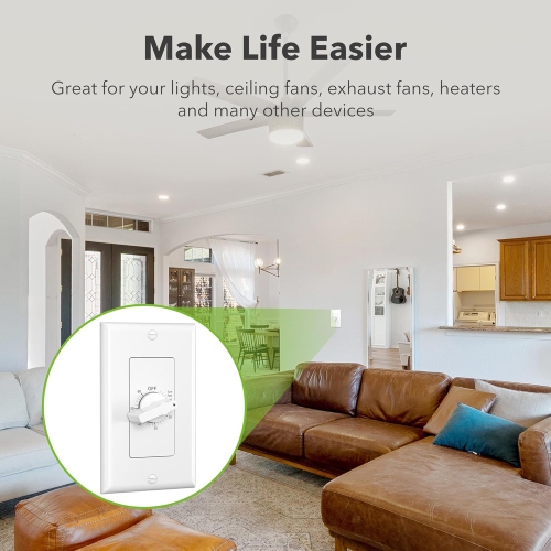 BN-LINK Heavy Duty 60-Minute in-Wall Spring Loaded Countdown Timer, Mechanical Switch, Bathroom Fan, Lights Timer, 2 Free Plate, White and Silver